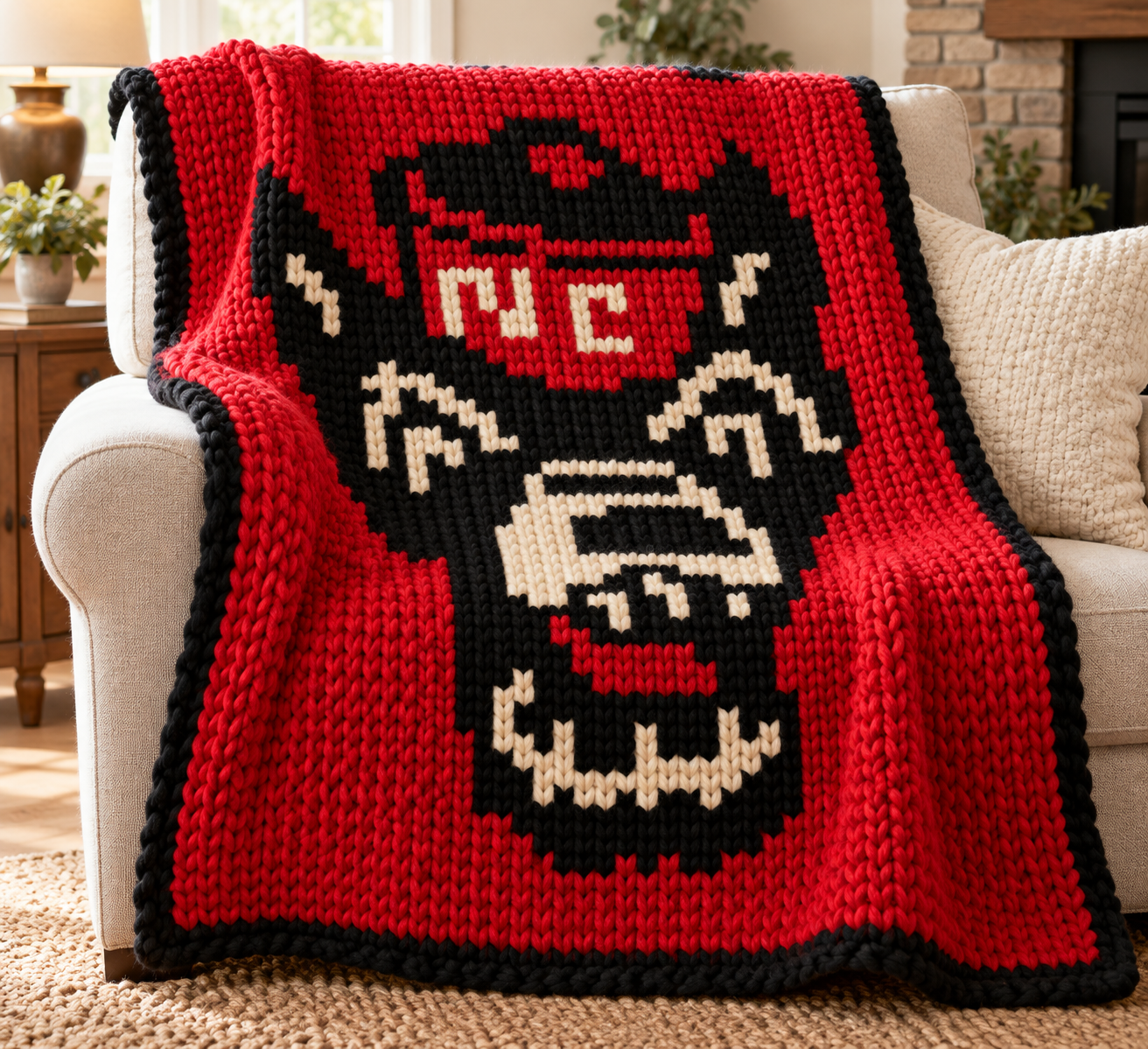 NC Wolfpack red, black and ivory chunky-knit blanket preview on a chair
