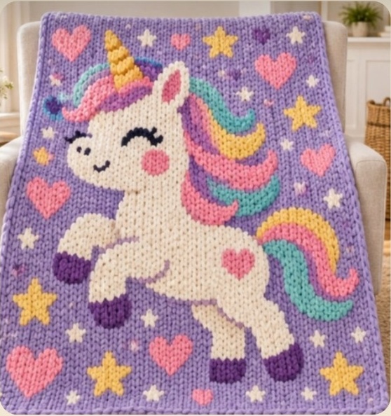 Lavender chunky-knit blanket with a leaping cream unicorn, pastel mane and tail, hearts and stars, draped over a chair