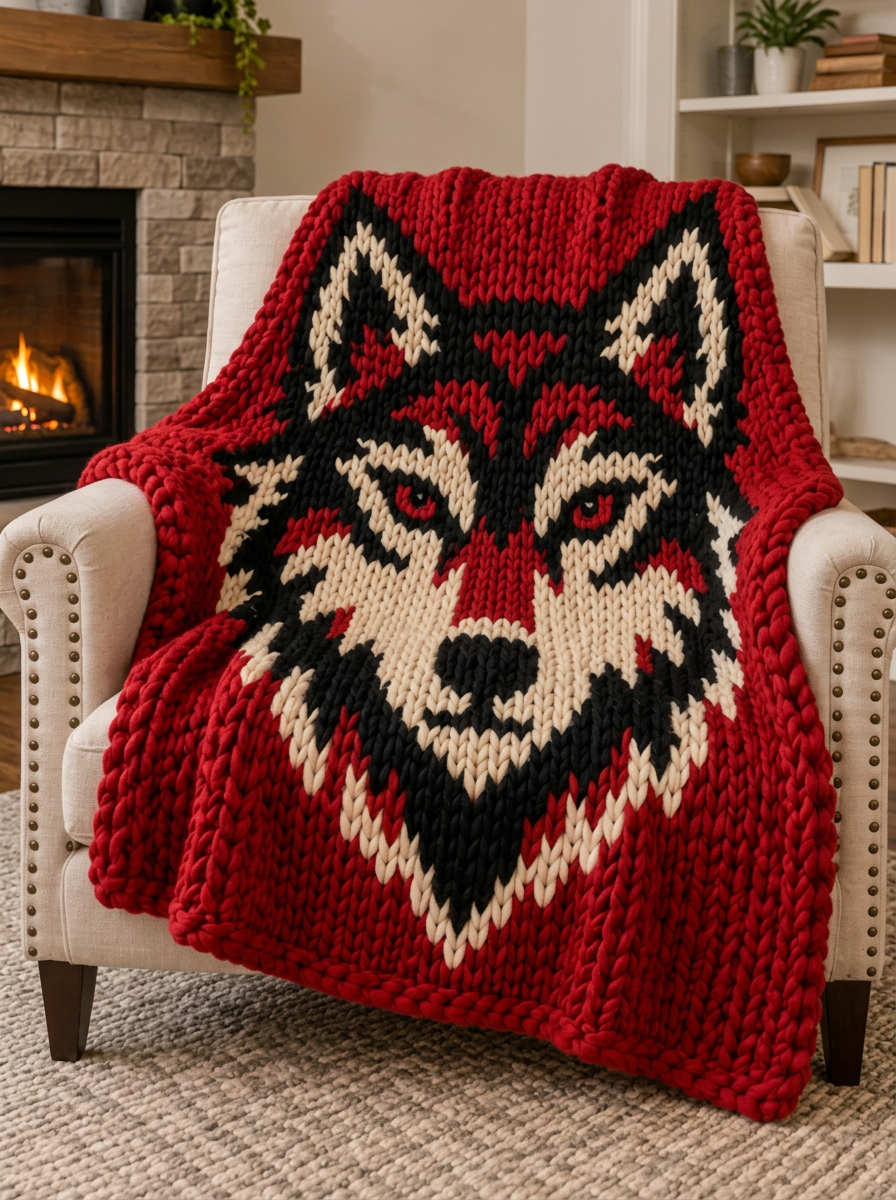 Red Wolf illustrated blanket design preview