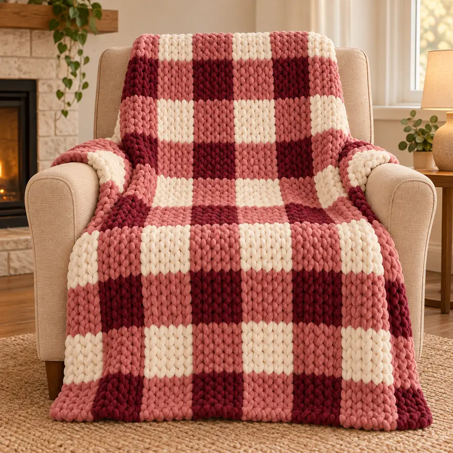 Buffalo Check finished chunky-knit blanket on a chair