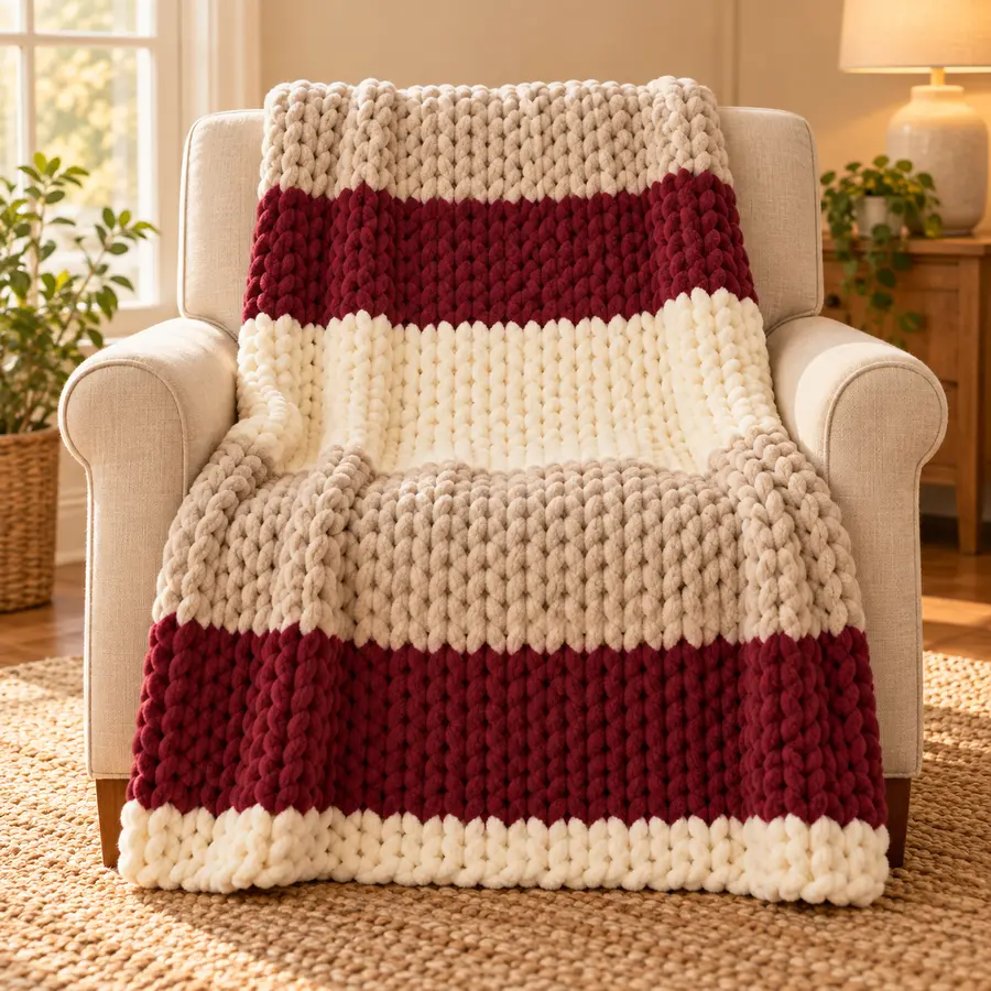 Thick Stripes finished chunky-knit blanket on a chair