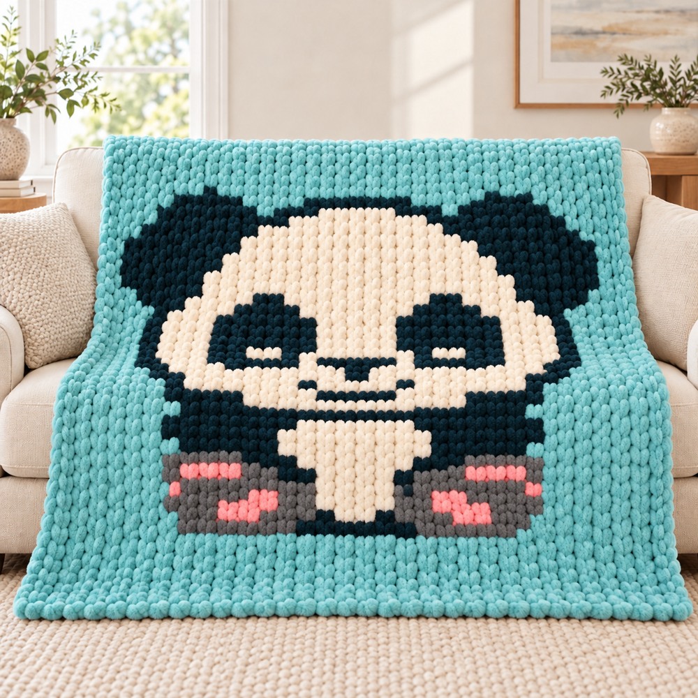Aqua chunky-knit blanket with a cream panda face, dark teal markings and pink ears on a cream couch