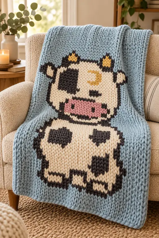 Mabel the Moon Cow illustrated blanket design preview