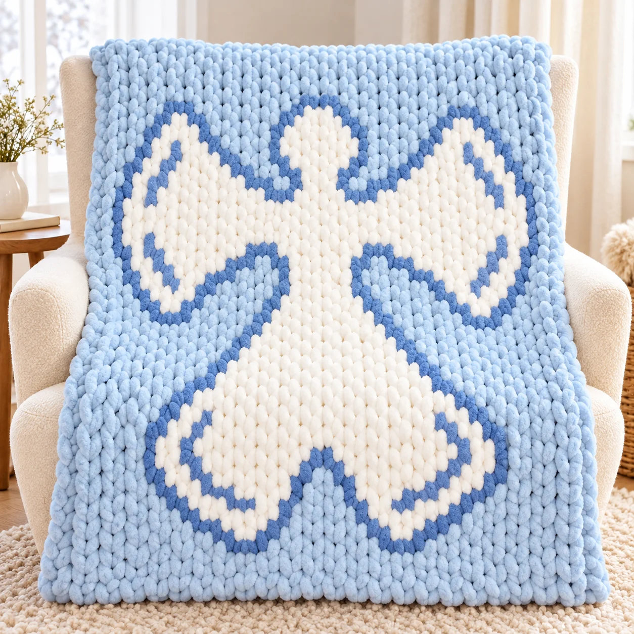 Illustrated icy-blue chunky-knit Snow Angel blanket on a cream armchair
